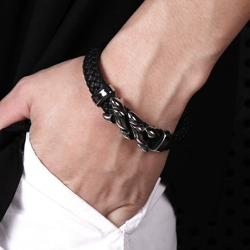 Punk Leather Braided Bracelet Flame Stainless Steel Magnetic Clasp Bangle Stylish for Men Women Cuff Bracelets