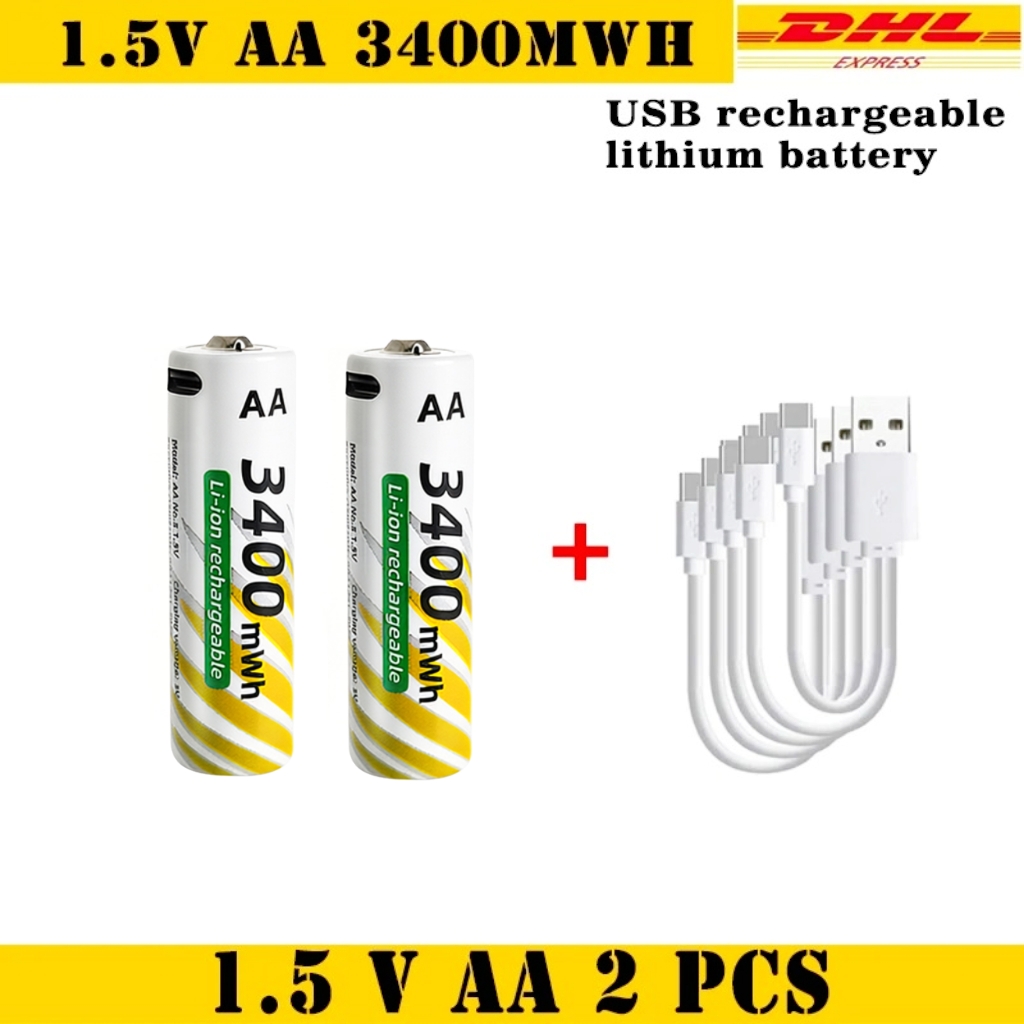 1.5V AA 3400mWh + AAA 900mWh Rechargeable Lithium Battery Set with USB-C Fast Charging Type C Cable air transport: green