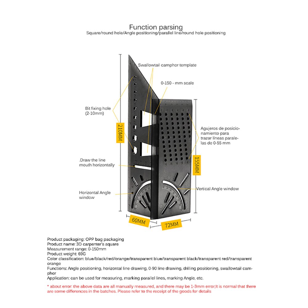 3D Hoek Meten Vierkante Houtbewerking Scribe Meten Heerser Meten Tool Met Gauge En Heerser