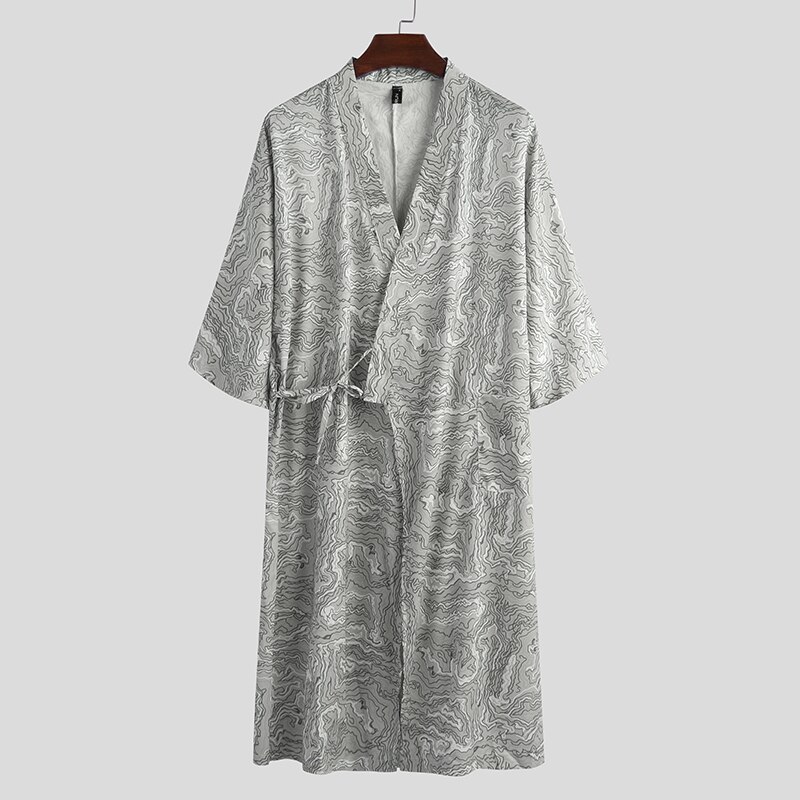 Túnicas estampadas Vintage para hombre, camisones de media manga con cuello en V y cordones, Kimono informal, ropa de noche para hombre, ropa para casa suave, albornoces de talla grande: L