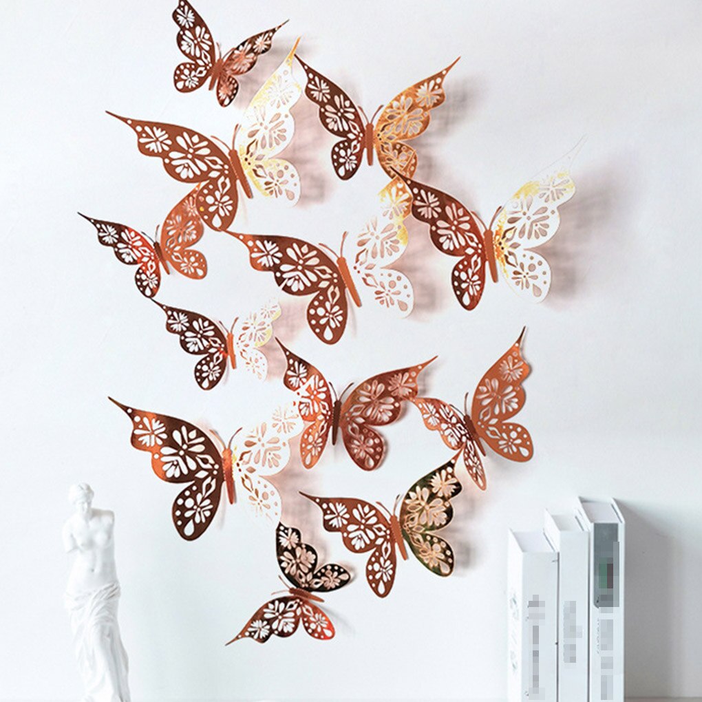 12Pcs/Set Golden 3D Hollow Out Paper Butterfly Wall Sticker Party Shopping Window Home Decor For Kids Room Sticker Mural