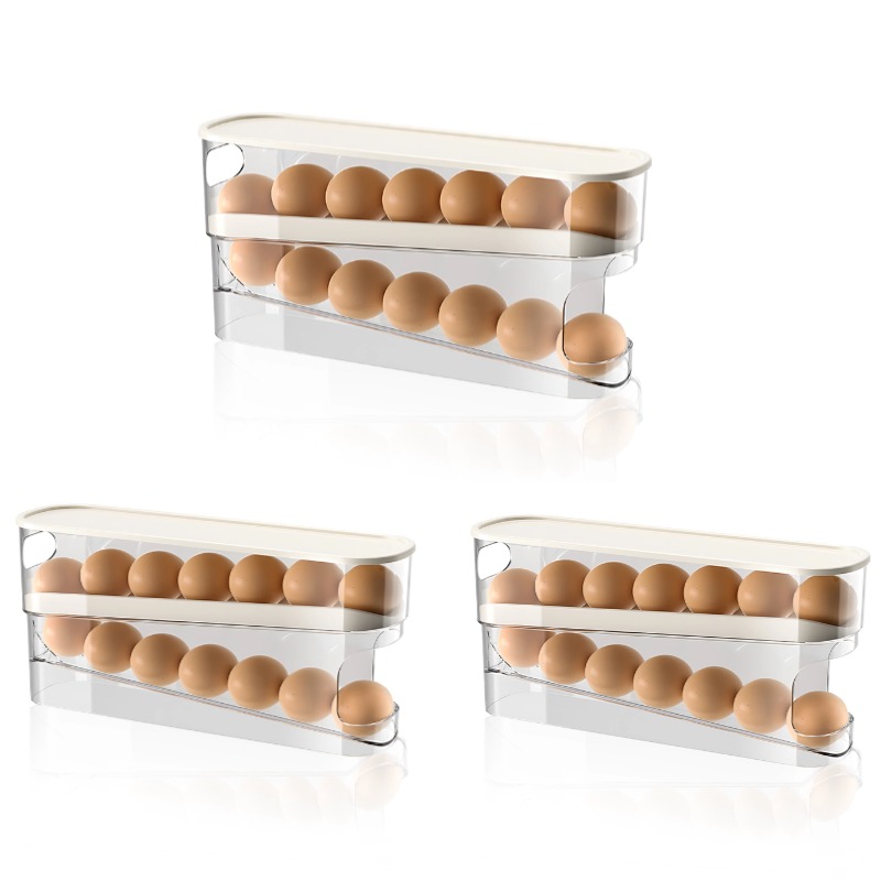Estante para huevos de desplazamiento automático, soporte para huevos de cocina, caja de almacenamiento, cesta para huevos, contenedor, organizador, dispensador de huevos para refrigerador enrollable: Amarillo claro