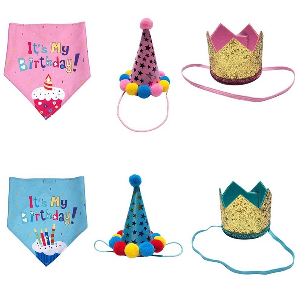 Sombrero de cumpleaños de perro y gato Kawaii, bufanda triangular, corona de lentejuelas, disfraz de de cumpleaños de mascotas, de Navidad Gorro, gatos