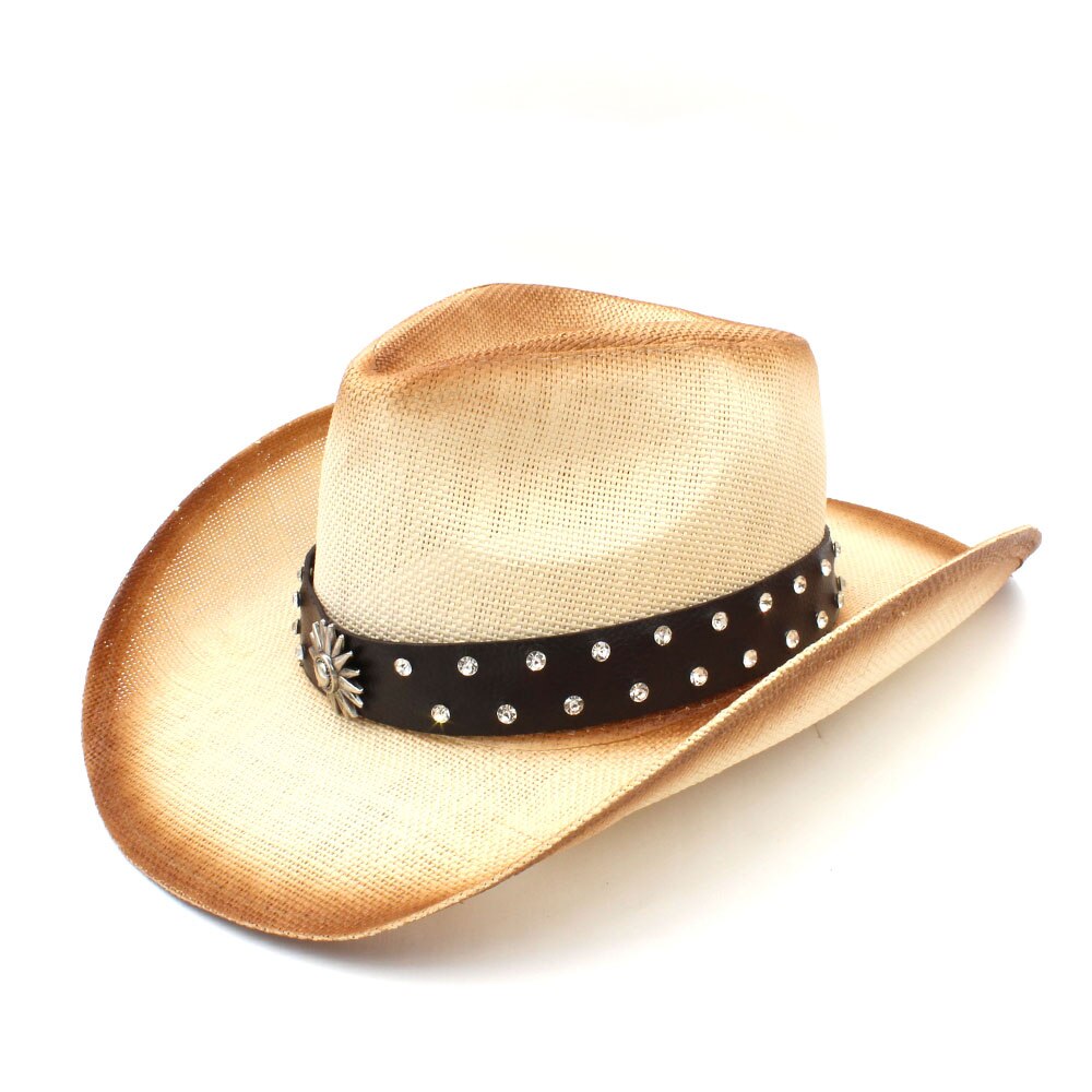 Women Men Straw Western Cowboy Hat With Punk Leather Band For Lady Dad Sombrero Hombre Cowgirl Jazz Caps Size 58CM