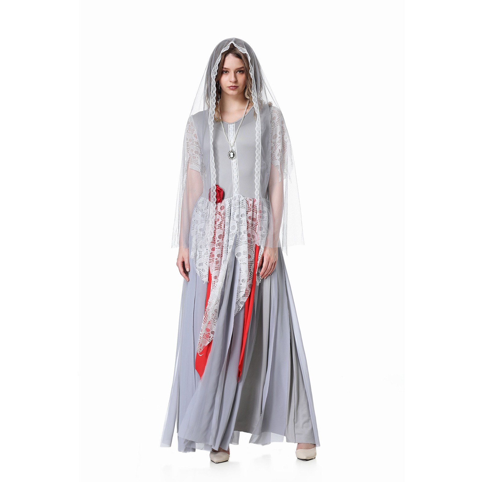 Women Ghosts Bride Cosplay Costume Halloween Horror Zombie Skeleton Roleplay Fancy Party Dress With Veil Carnival Party Suit: S
