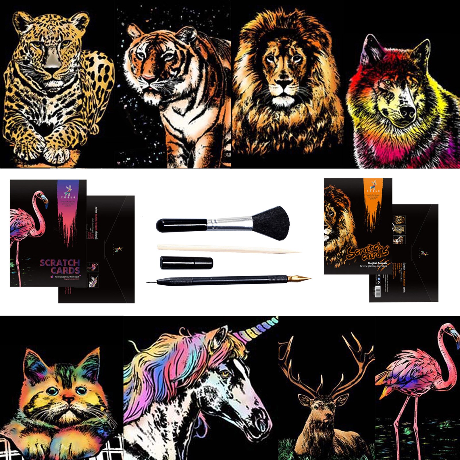 Rainbow Painting Paper,Sketch Pad DIY Night View Scratchboard for Kids&amp;Adults,Engraving Art&amp;Craft Set,Scratch Painting,4 Tools
