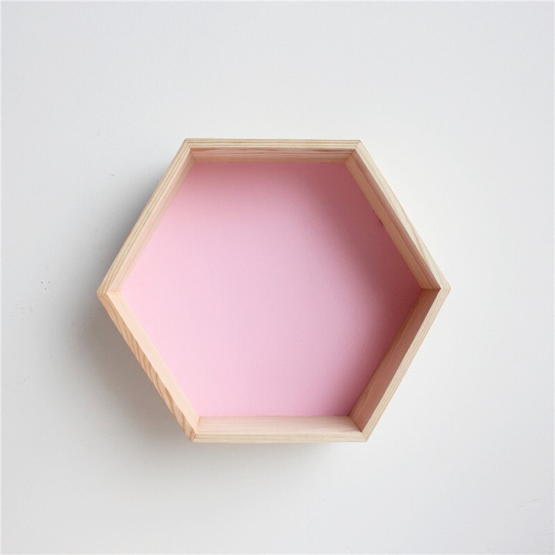 Neue Holz Hexagon Wanddekoration Baby Zimmer/Schlafzimmer Candy Organisation Aufhänger Fotografie Requisiten Regale Storage Decor Polygon Box: L / Rosa