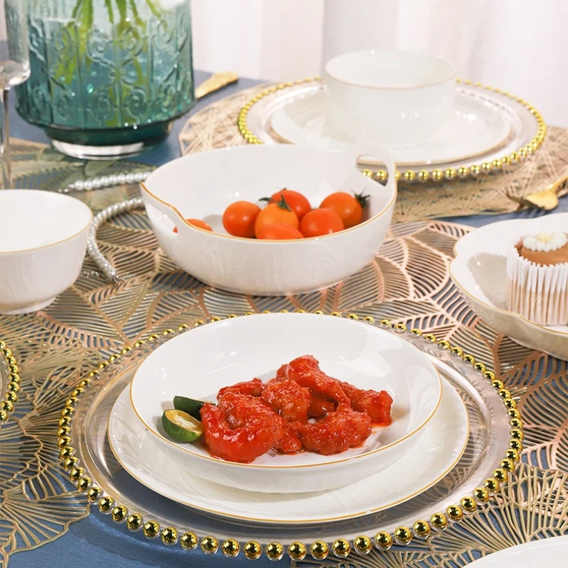 Pure White Ceramic Tableware Relief Golden Edge Fruit Vegetable Plate Easy-to-clean Rice Bowl Kitchen Tableware
