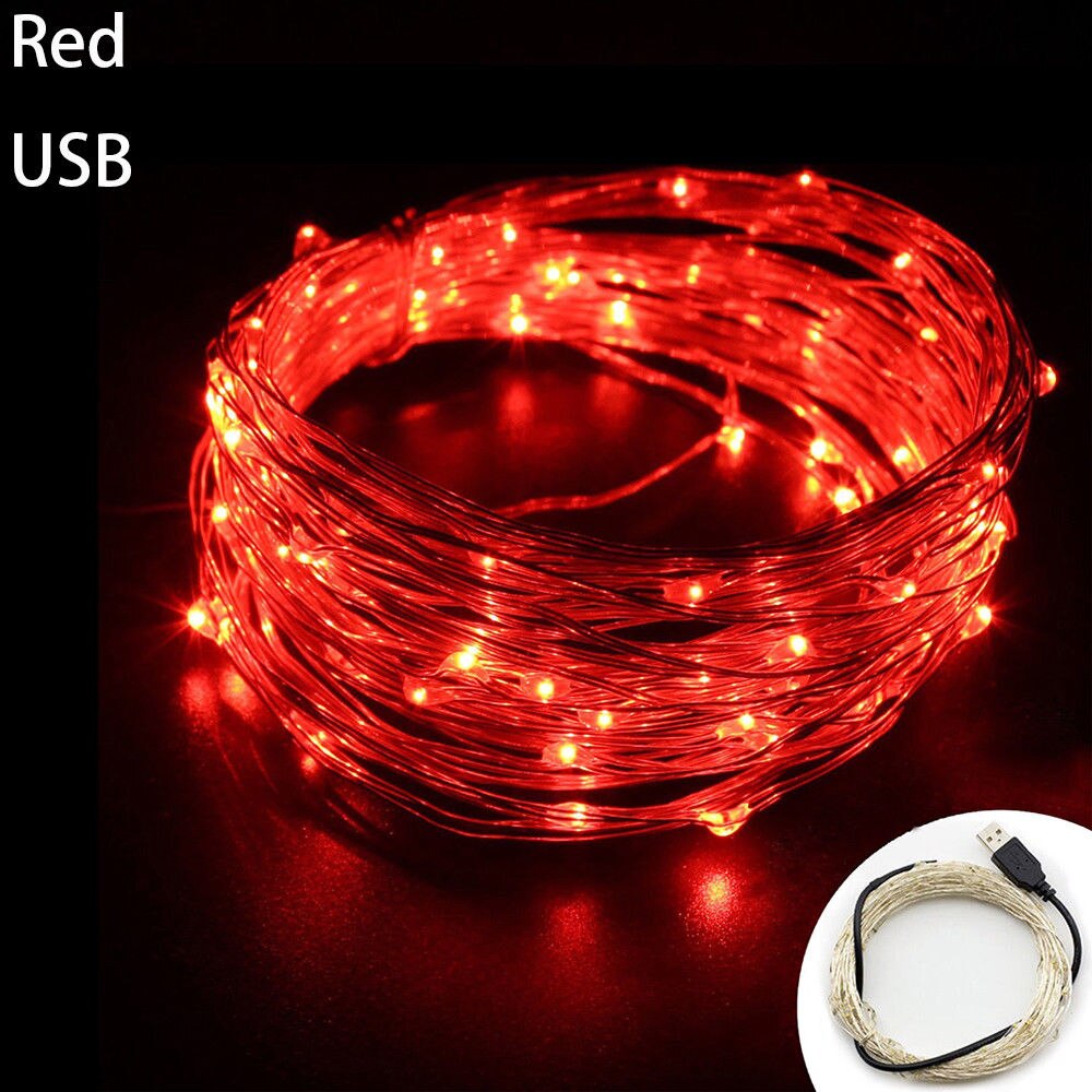 Guirlande lumineuse LED féerique en fil d'argent, 1M/5M/10M, pour noël, chambre à coucher, maison, mariage, nouvel an, décor, alimenté par USB: red / 10M 100LEDS