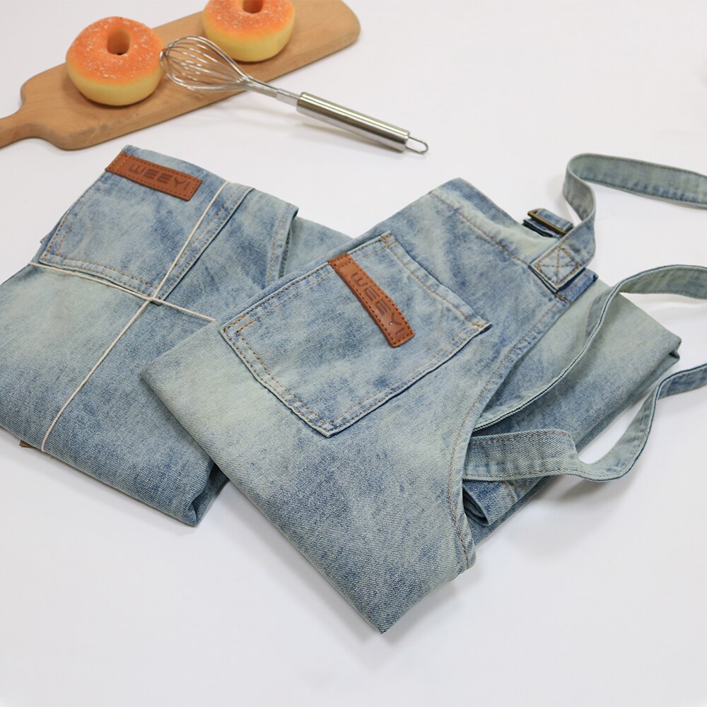 Weeyi vintage blå køkken denim forklæder til mænd kvinder unisex hjemmetøj arbejdstøj forklæde til madlavning kok barista bartender delantal