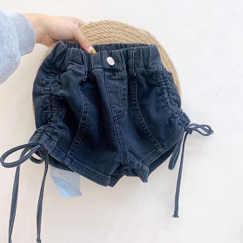 Pantaloncini di jeans per ragazze estive pantaloncini per bambini pantaloncini caldi per bambini pantaloni per bambini vestiti pieghe laterali regolabili Coul Cotton 2-7Y: black shorts / 4T (100-110cm)