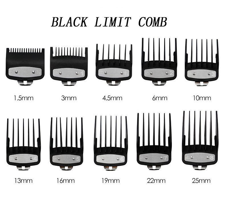 10pce Hair Clipper Limit Comb Guide Attachment Size Barber Replacement 3/6/10/13/16/19/22High /25/1.5/4.5mm: 10pce black