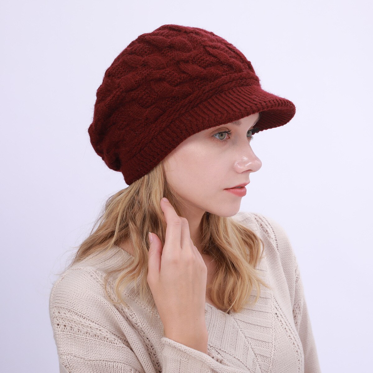 Autumn Winter Women Warm Beret Hats Knitted Berets Female Plush Beanies Hat Outdoor Lady Rabbit Wool Knit Flap Caps: Claret