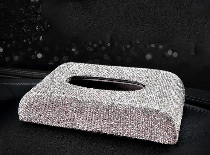 Bling Crystal Car Tissue Box Armrest Diamond Leather Auto Tissue Paper Holder Case Sunvisor Hanging Napkin Car Accessories: Silver
