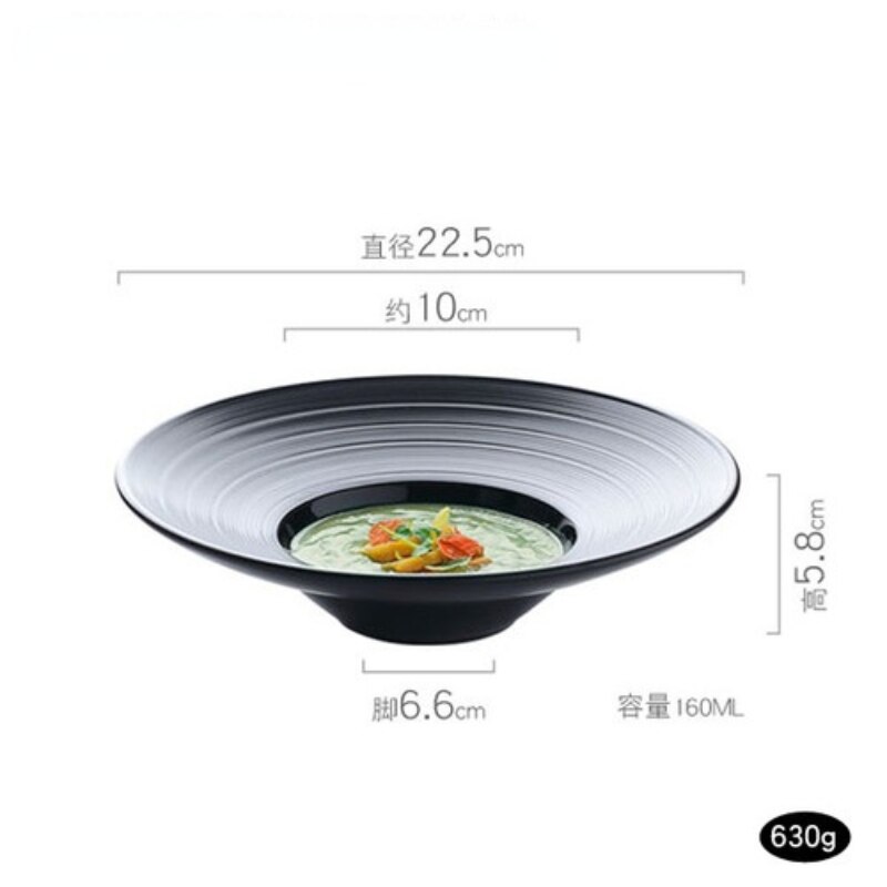 French Straw Hat Plate Ceramic Soup Plate Kitchen Retro Cold Dishes Dessert Pasta Salad Plate Brushed Matte Black Disc: 9 inches