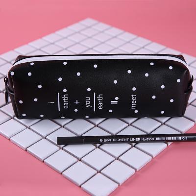 Estuche para lápices de lunares blancos y negros, bolsa rosa para lápices para adolescentes, niñas y mujeres, caja de cuero para bolígrafo, bolsa de papelería, suministros escolares