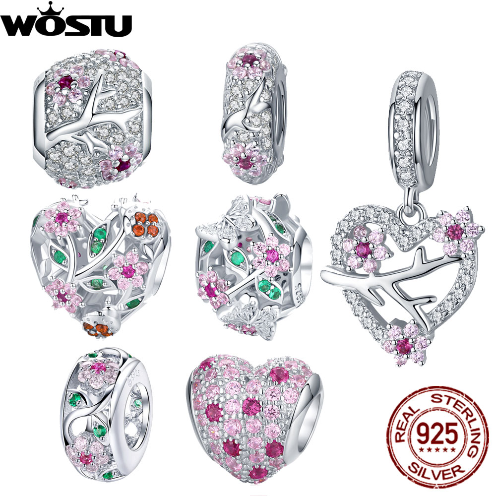 Wostu ægte 925 sterlingsølv blommeblomstperler blomst pink zirkon charm pasform originalt armbånd vedhæng gør selv-smykker