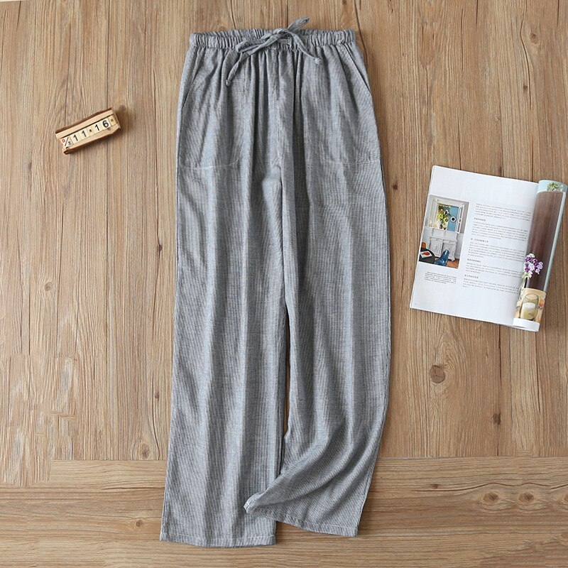 Women's Trousers Cotton Gauze Spring / Summer Thin Plaid Home Pants Loose Men Pajamas Elastic Waist Sleep Bottoms Lounge Pants: Men Cyan trousers / XL