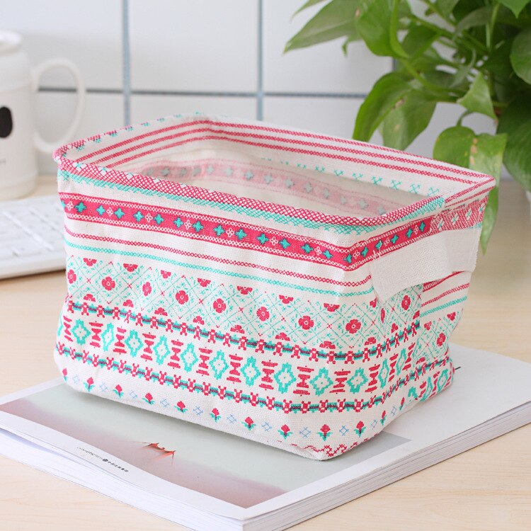 Linen Waterproof storage basket Table top Foldable storage box cosmetics sundries clothing fabric storage basket toy storage: ethnic style