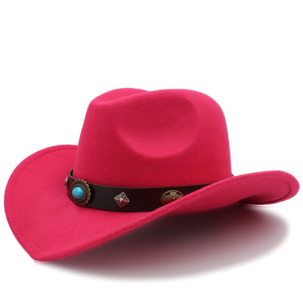 100% lana Sombrero de Cowboy del oeste para hombres Otoño Invierno Jazz ecuestre Sombrero Hombre Steampunk Sombrero tamaño de tapa 56-58cme: Rose red