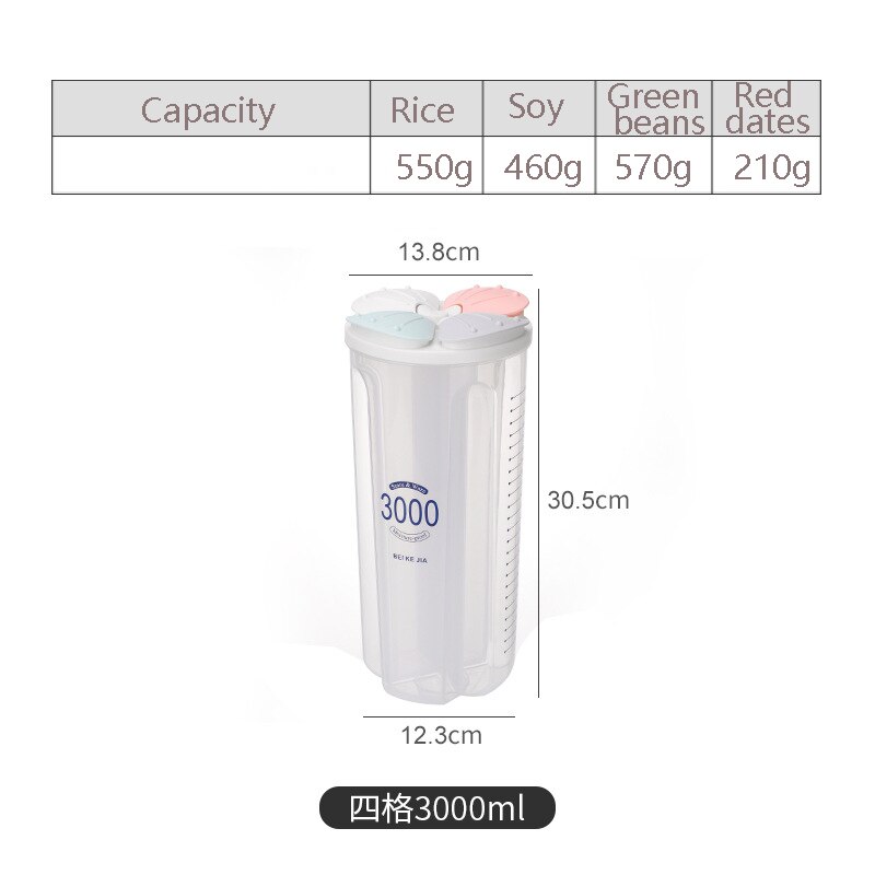 Food Storage Box Rotating Dry Rice Container Grain Tank Moisture-Proof Sealed Cans Separate Transparent Organizers: 4 grid-3000ml