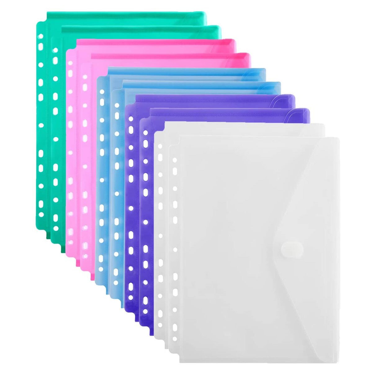5pcs/Set 11 Hole Clear Poly Envelope Binders Pocket Insert with Hook and Loop A4 Paper Document File Bags for 2/ 3/4 Ring Binder