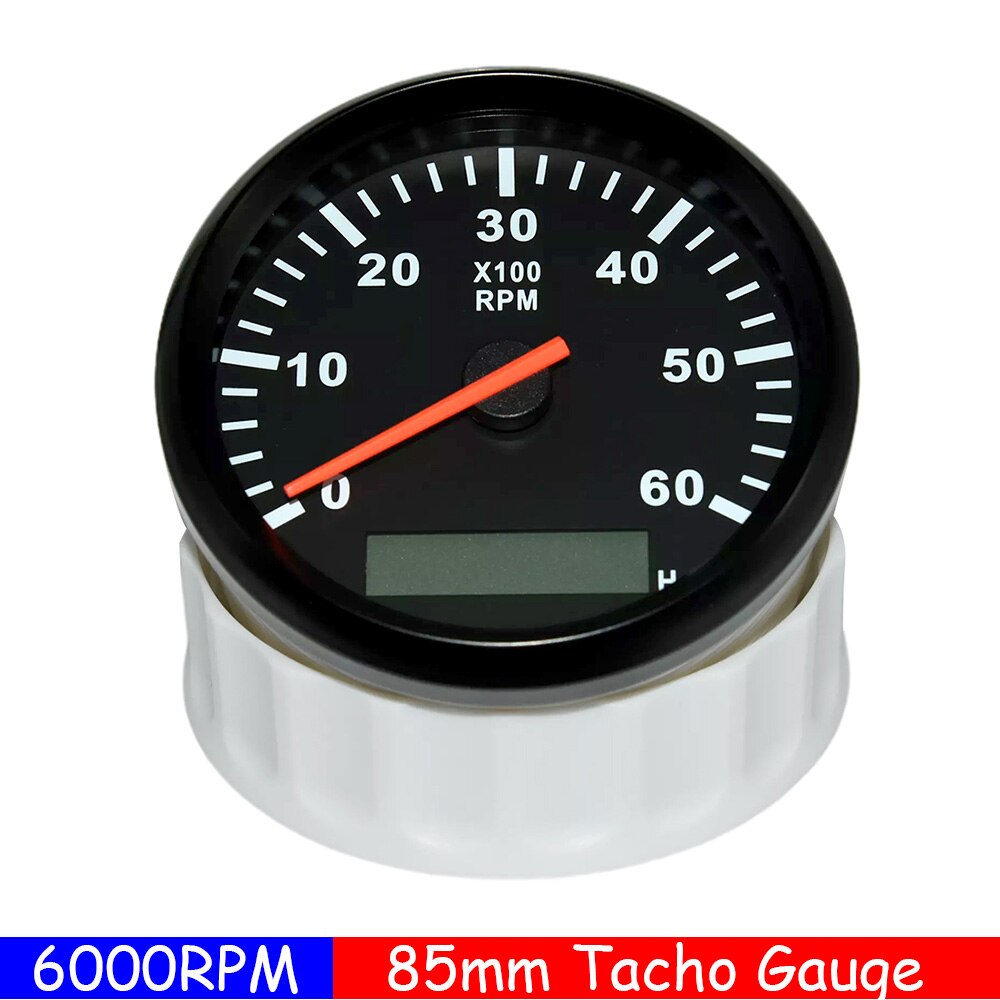 85mm Car Boat Tacho Sensor Marine Tacho Meter with LCD Hourmeter 3000 4000 6000 8000 RPM Boat Tachometer 12V/24V Red Backlight: 6KRPM BB