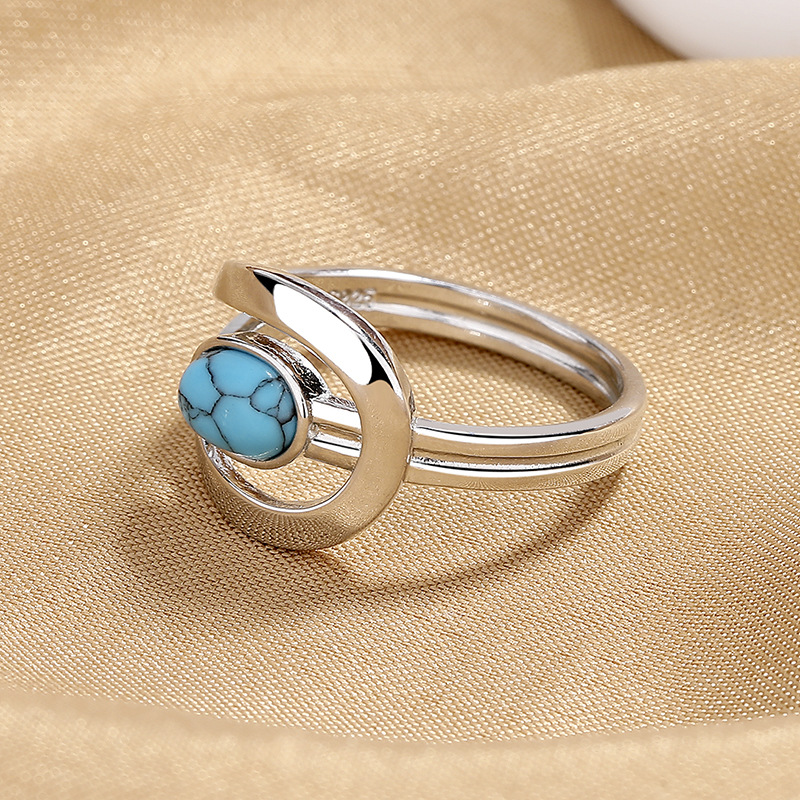 unisex Oval Blau Stein Hochzeit Bands Synthetische Türkis Ringe Für Frauen Männer Silber Farbe Jahrgang Verlobungsring Partei Schmuck