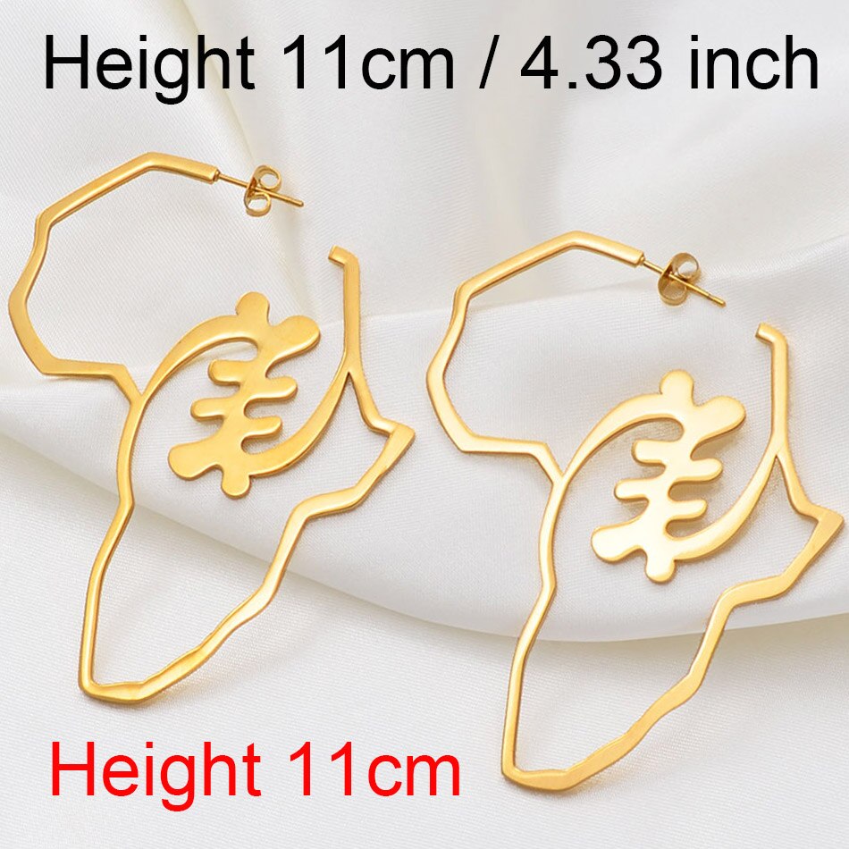 Anniyo Bigger Africa Map Earrings Gold Color Stainless Steel Adinkra Nyame Big Earrings Stud Ethnic large Jewelry Symbol #131221: 11cm Gold Color