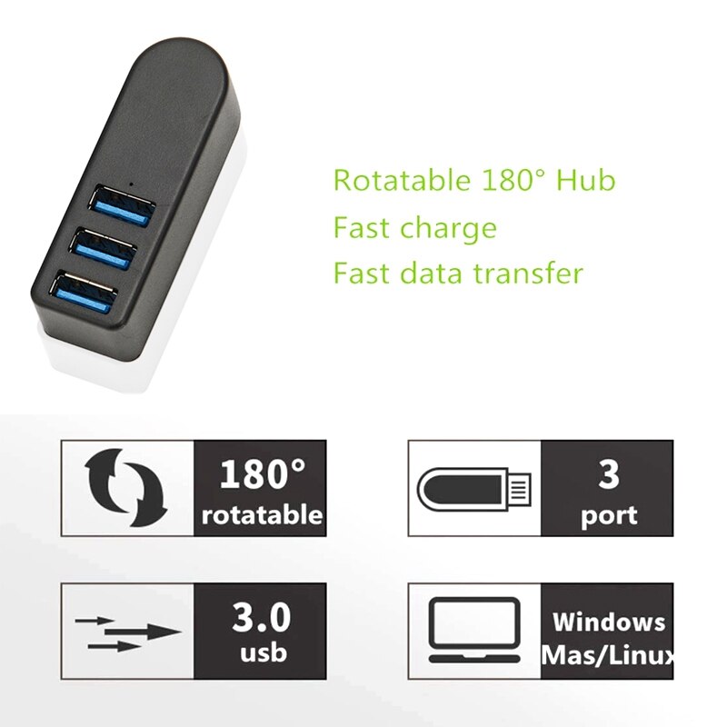 USB 3,0 Hub, 90 °/180 ° grados giratorio USB Splitter USB A Adaptador USB centros para Windows PS3 PC MAC portátil Mac libro