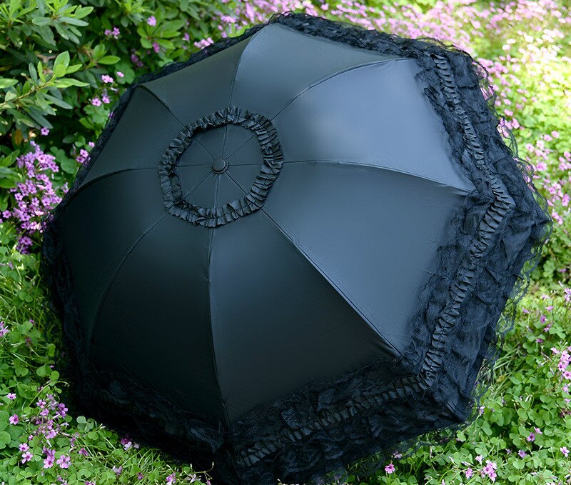 Spetsparaply paraply dam ultralätt hopfällbart parasoll uv prinsessa paraply kvinna: Preto