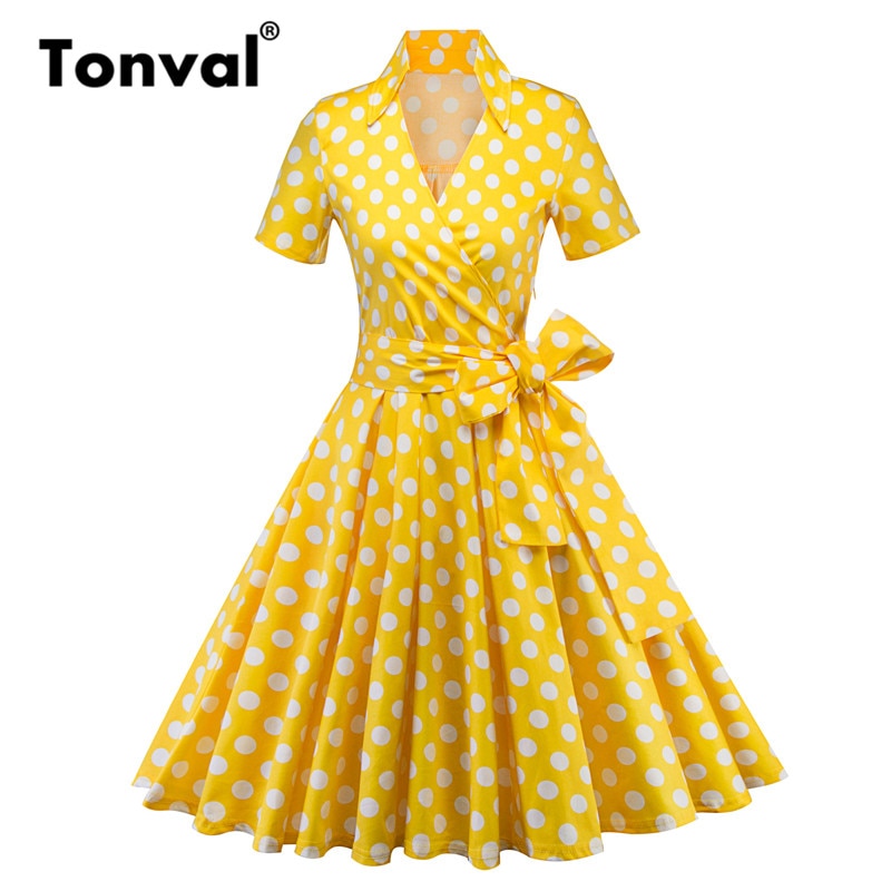 Tonval Retro Stip Rockabilly Gele Jurk Vrouwen Korte Mouw V-hals EEN Lijn Jurken Summer Party 50 s Vintage jurk