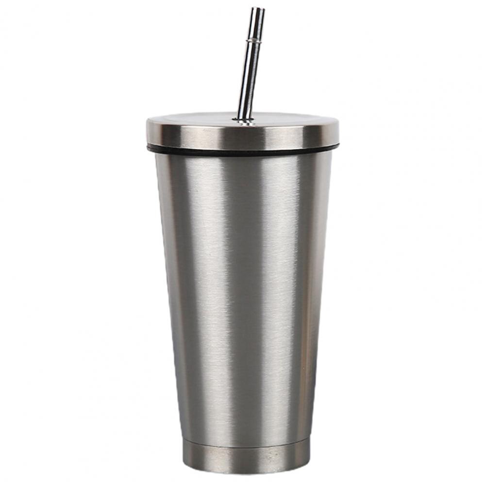 Vaso de vacío con pajita, taza térmica de acero inoxidable, termo de agua, taza de café, botella de paja para beber: Plata