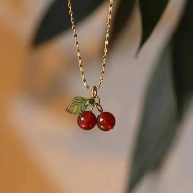 Halsband i rostfritt stål med körsbär, naturstenspärlor, hänge, kedja, kvinnors bröllopsfest, smycken, födelsedag: Ljusgul guldfärg