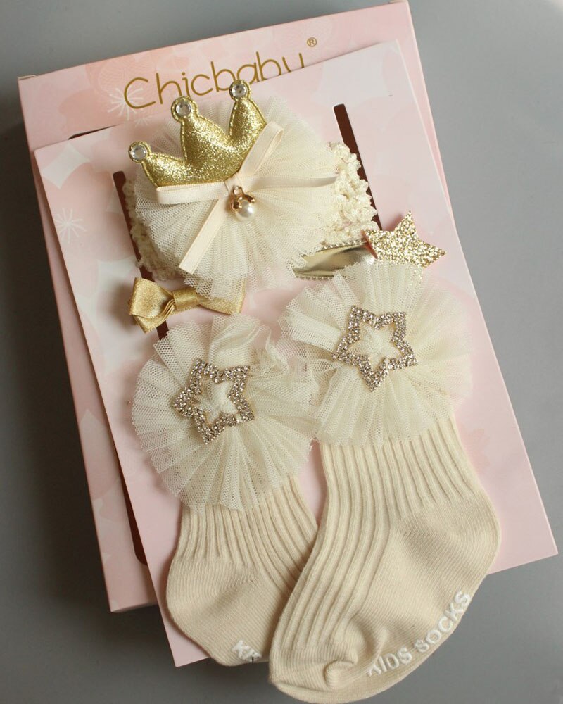 Neugeborenen-mädchen-socken + haarband-einstellen, prinzessinnen-krippensocken mit spitze und blumenmuster, baumwollsocken, haarspangen, prinzessin für kleinkinder, 0-2t stück: 04