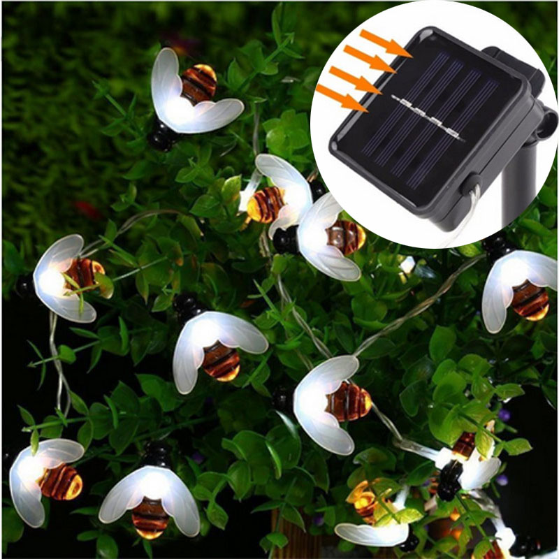 Solar Powered Cute Honey Bee LED String Light 20 LEDs / 100 LEDs Fairy Light Outdoor Garden Fence Patio Christmas Garland Lights: white / 5m 20leds