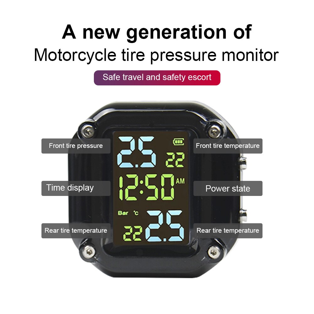 USB Motorcycle TPMS Motor Tire Pressure Tyre Temperature Monitoring Alarm System with 2 External Sensors USB Charging motos