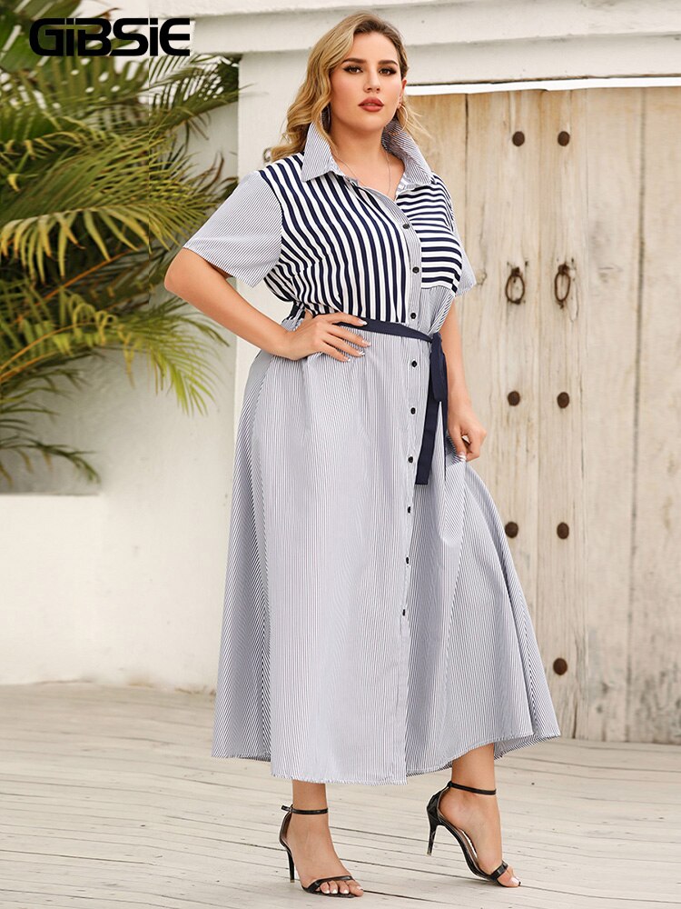 GIBSIE Striped Color Block Belted Shirt Dress Women Summer Short Sleeve A-line Casual Dresses Plus Size Office Maxi Long Dress