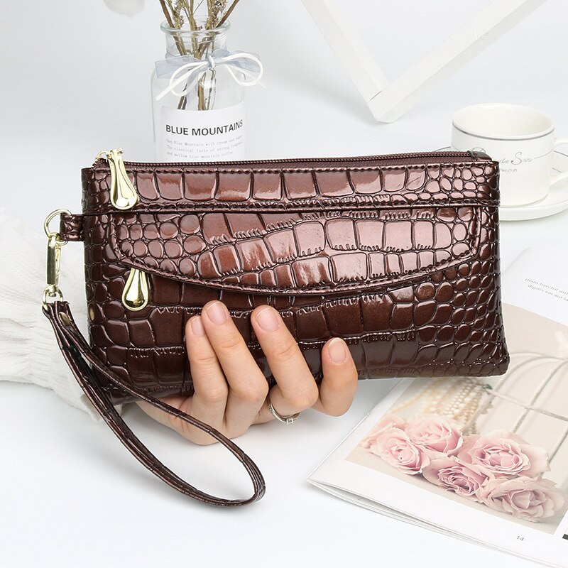 Damen-geldbörsen aus lackleder, lange damen-geldbörse mit doppeltem reißverschluss, clutch-tasche, rote handtasche, krokodilleder-geldbörsen: Braun