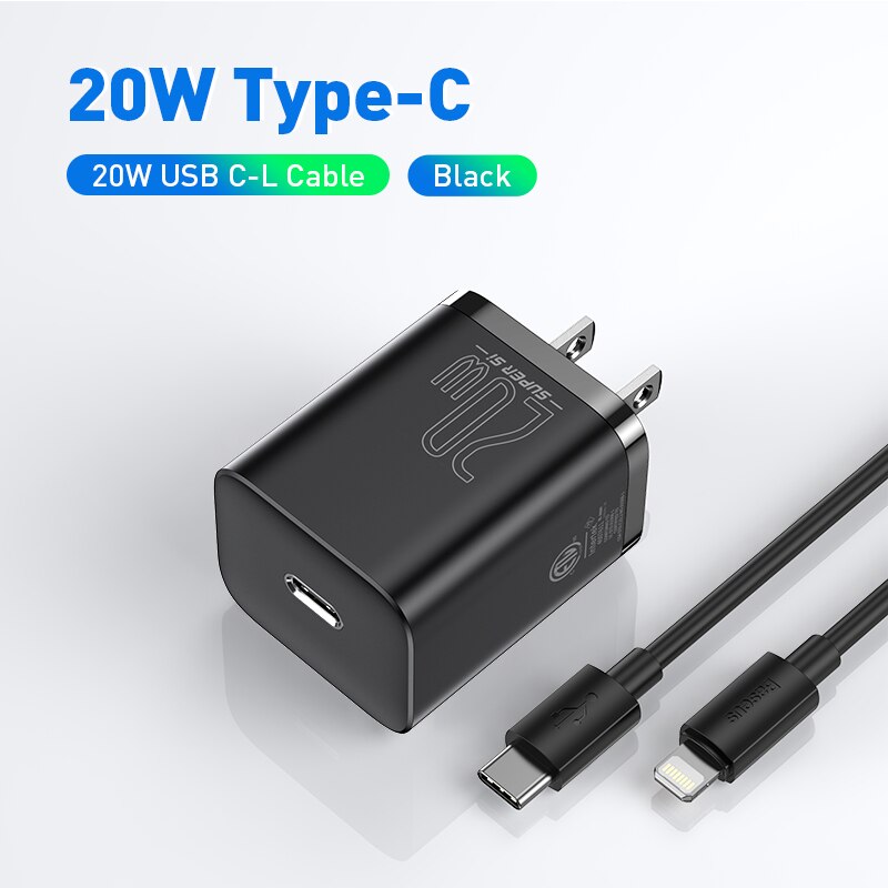 Baseus usb-c-ladegerät mit 20w us-steckern, faltbar, für iphone 12 pro max, unterstützt usb-c pd-schnellladen 11: Mit schwarzem ip-kabel