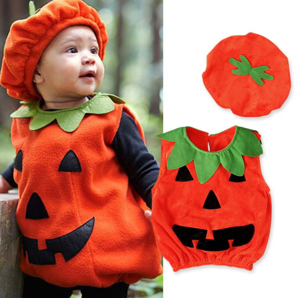 Enfant en bas âge Bébé Garçon Fille Citrouille Gilet Hauts Chapeau Halloween Costume Ensemble Spectacle Cool Детская Одежда #50