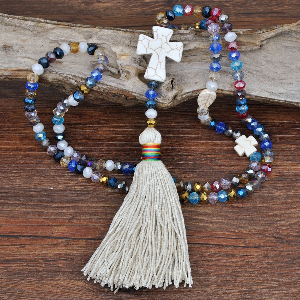Yumfeel novo colar jóias artesanal multicolorido cristal cruz de vidro colar longo jóias femininas