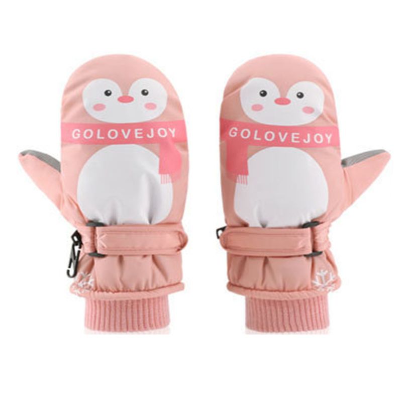 Crianças menino menina dos desenhos animados pinguim luvas à prova ddouble água dupla camada com nervuras manguito ajustável antiderrapante inverno esqui luvas à prova de vento 7-12 t: Rosa