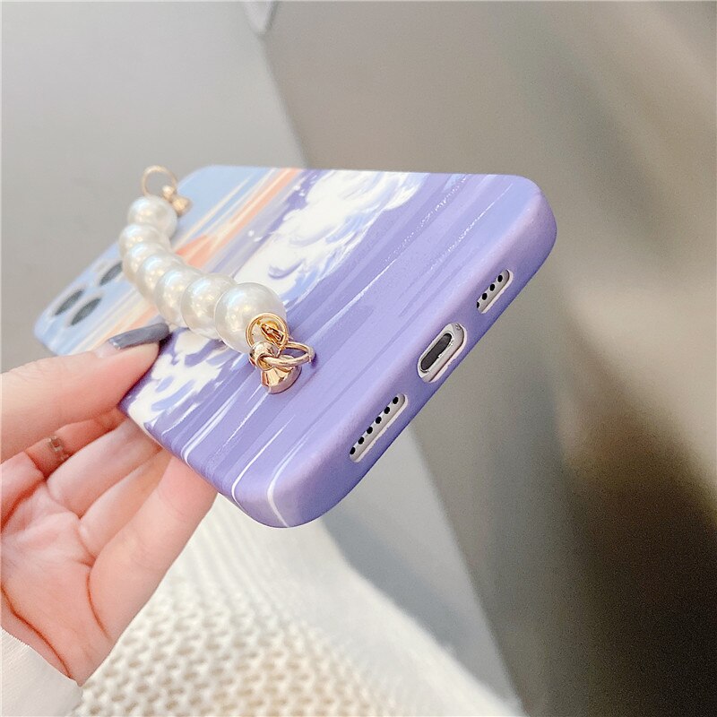 Pearl rhinestone wrist bracelet Scenery Japan Sea Wave case For iphone 12 11 Pro Max X XR Xs max 7 8Plus SE2020 Protective case