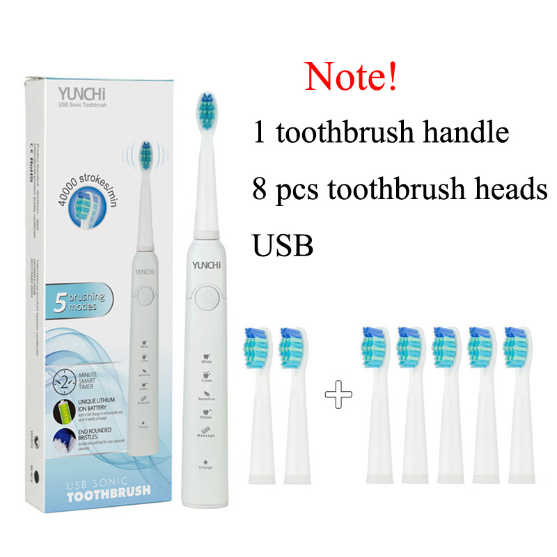 Sonic Electric Toothbrush Brand Teeth Whitening Replacement Brush Heads USB Recharging Tooth Brush Dental Teeth Cleaner White: white conbination YC