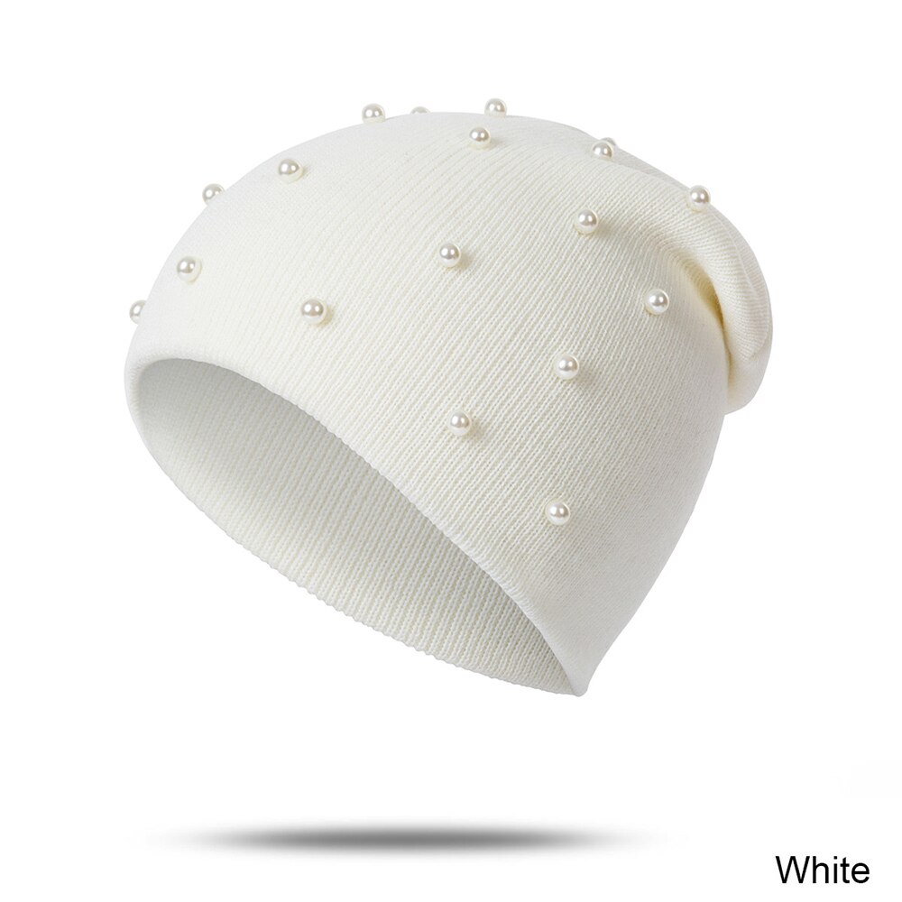 TRUENJOY-gorros de perlas para Otoño e Invierno para mujer, sombrero de punto con solidos y solidos, para sombreros invierno Mujer: white