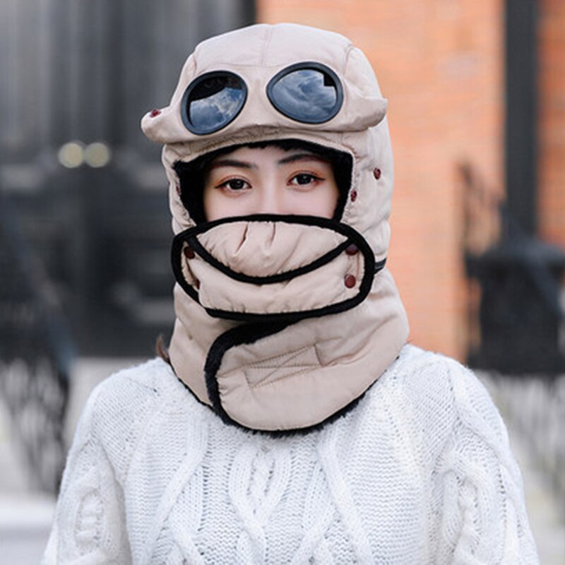 Winter Warme Muts Met Bril Multifunctionele Lei Feng Hoed Koude-Proof Plus Fleece Hat Riding Warm Katoenen Muts Winddicht nek Hoed: women Khaki