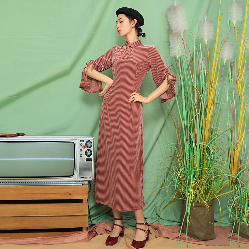 Vestidos de mujer elegantes primavera otoño terciopelo dorado chino nuestro vestido cheongsam mangas acampanadas cheongsam Midi-Vestidos largos