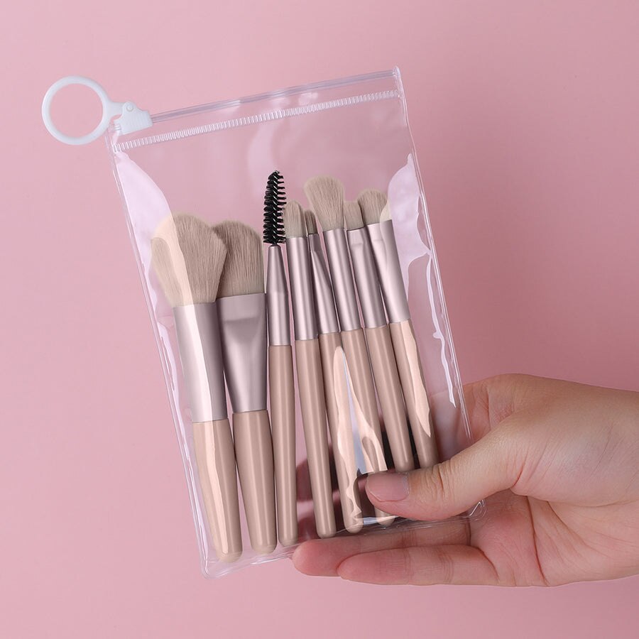 FJER-Mini brochas de maquillaje de viaje, 8 piezas, portátil, corrector suave, herramienta de sombra de ojos, base de belleza, cepillo de rubor para pestañas con bolsa: beige without bag
