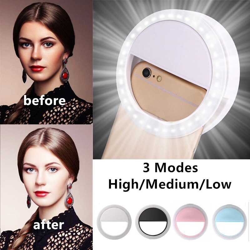 Selfie Ring Light Clip For iPhone Android Smartphone Portable 36 LED Rechargable Dry battery Lens Beauty Lamp Flashlight